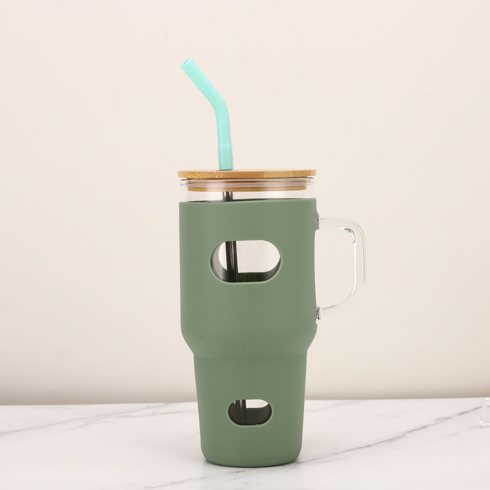 Paso-en 32oz taza de helado taza de paja de vidrio de comercio exterior cubierta de cuero taza de coche taza de café de gran capacidad taza de mango de coche