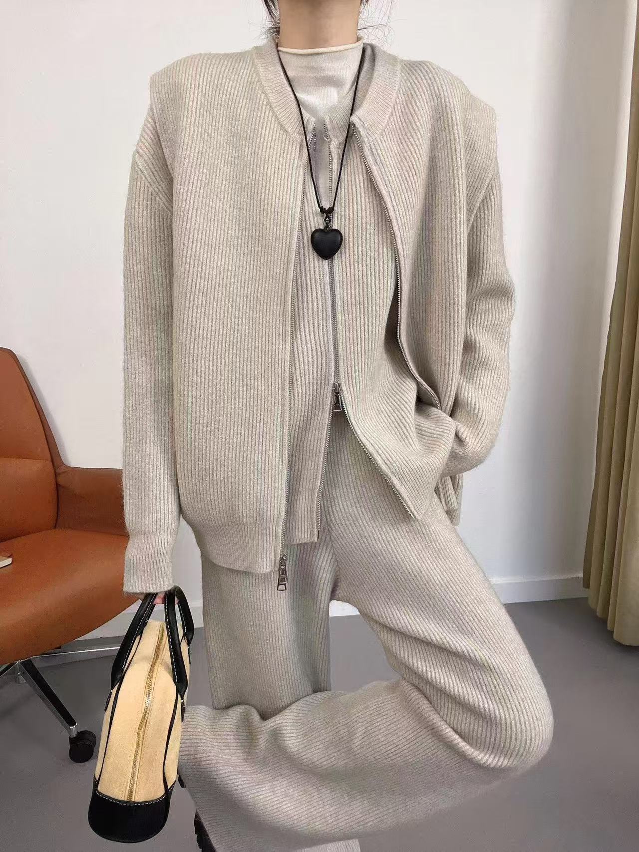 Vêtements pour femmes mode décontractée pour femmes automne et hiver nouveau style paresseux cardigan tricoté gilet pantalon large trois_voghion.com