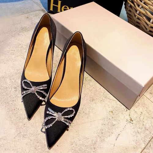  New White High Heels Women's Satin Bow Rhinestone Pointed Temperament Bridesmaid Shoes Women's Wedding Shoes