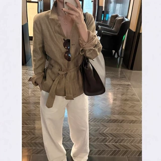 预售法式复古亚麻外套女装早春新款时尚设计感老钱风卡其色棉麻短