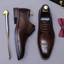 三接头牛皮男式皮鞋大码铆钉时尚皮鞋真皮复古商务尖头休闲男鞋