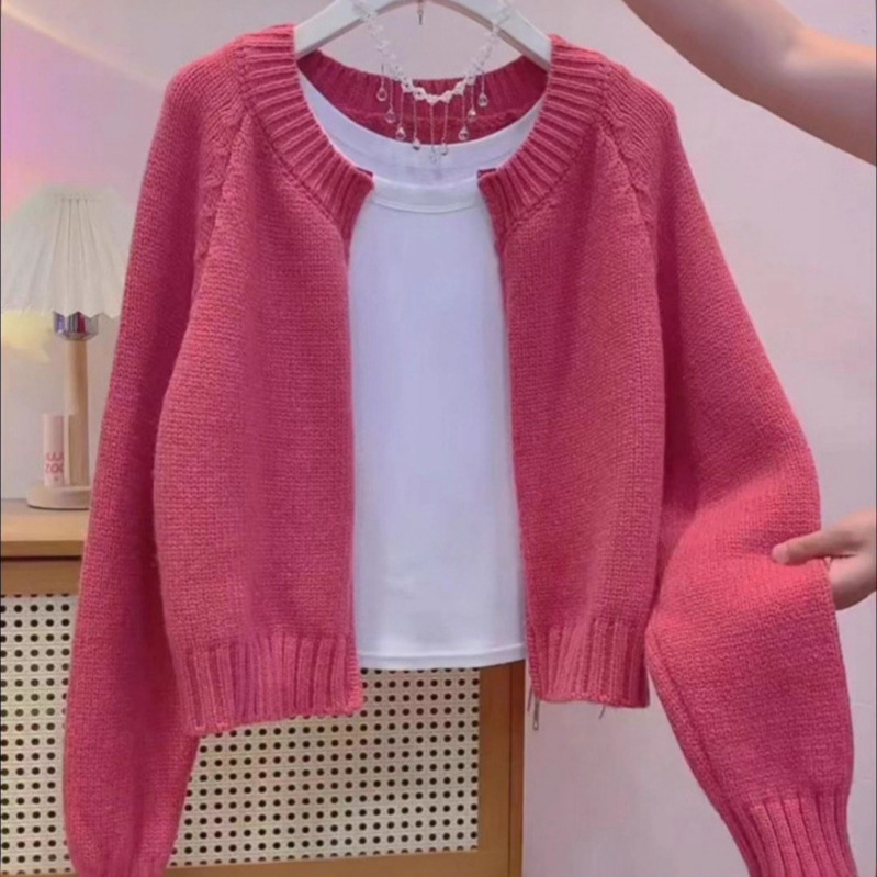 Autumn and Winter Double Zipper Soft Sweater Jacket for Women 2026 New Korean Style Loose Outer Wear Pure Color Round Neck Knitted Cardigan
