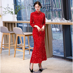 Red sequined chinese dresses oriental qipao dress catwalk miss etiquette cheongsam Velvet sequined long stage performance singers host cheongsam dresses