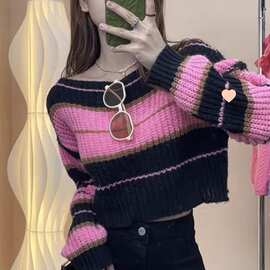 女年新款短款撞色显瘦外穿条纹毛衣针织衫别致长袖秋冬季上衣