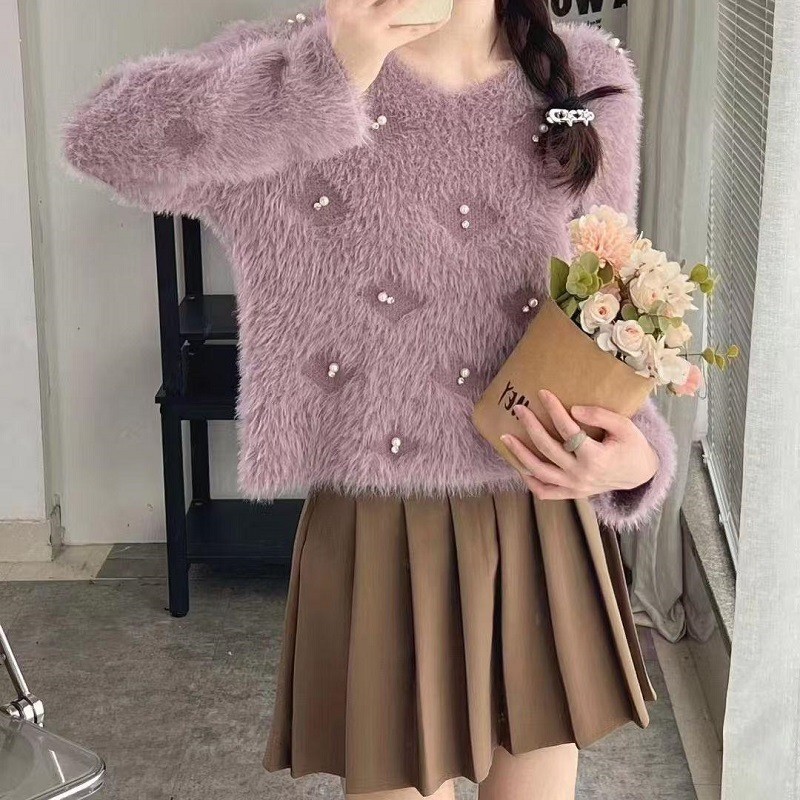 韓国版の新しい光沢のある新年クリスマスセーター女性のための秋と冬の新しいミンクベルベットデザインソフトワックスルーズトップ|undefined