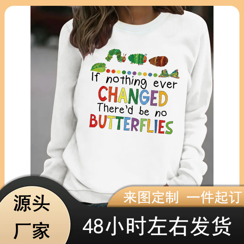Loose Casual Women's Sweatshirt with Playful Caterpillar Letter Elements Pattern Print Foreign Trade Women's Round Neck Sports Sweatshirt