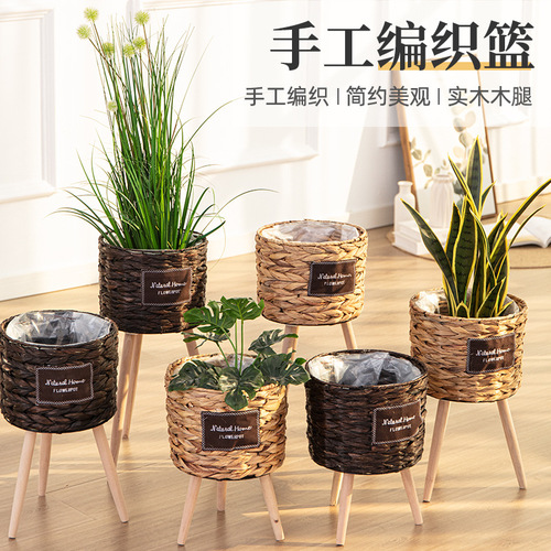Woven flower pots, straw flower baskets, rattan floor-standing wooden high flower stands, living room decoration, reed woven flower pots