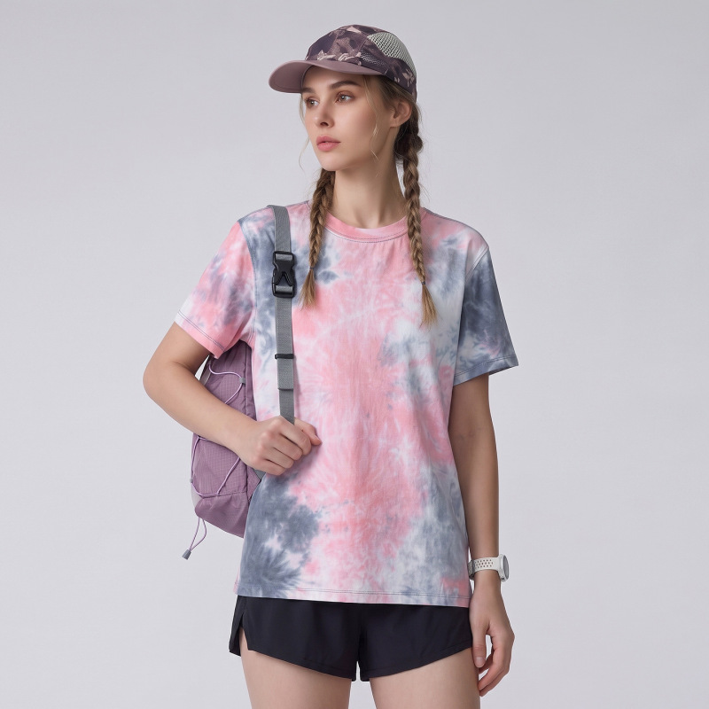 Tie-dye yoga top can be worn as outerwear, new summer casual outdoor running loose quick-dry fitness short-sleeve t-shirt for women Tie-dye yoga top can be worn as outerwear, new summer casual outdoor running loose quick-dry fitness short-sleeve t-shirt for women