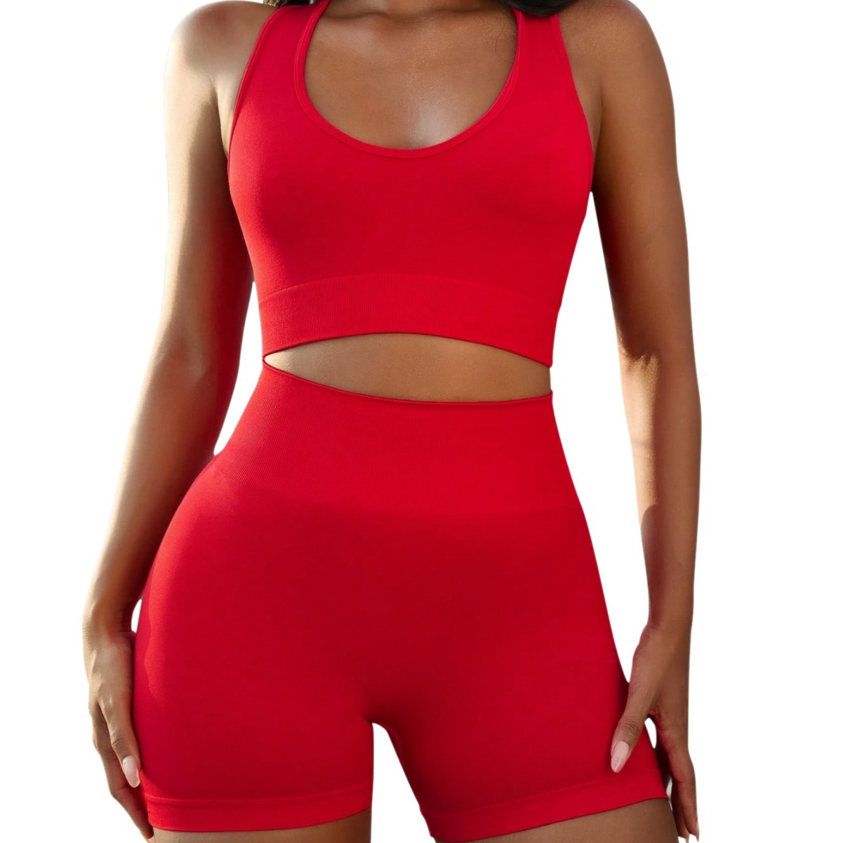 Nuevo verano sin mangas apretado sexy sujetador hueco cintura alta cadera elevación transpirable alta elástica fitness pantalones cortos de dos piezas conjunto