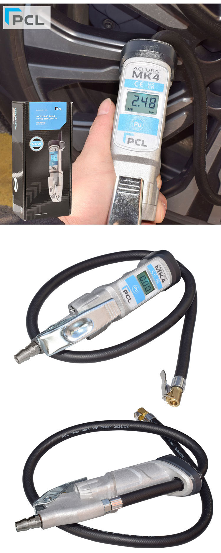 PCL Tire Pressure Gauge MK4 Air Pressure Gauge Filling Gun Aluminum Alloy Digital Display Tire Inflation Pressure Gauge