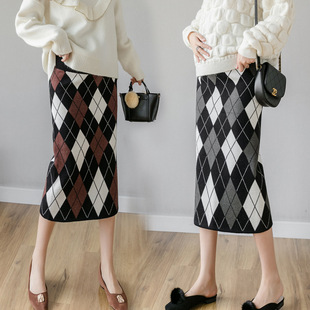 Real shot maternity dress long hip knitted skirt autumn and winter plaid base over knee one-step skirt