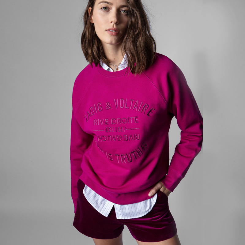 21 Autumn and Winter New French Niche Zv Classic Letter Embroider Logo Round Neck Cotton Light Purple Women's Sweatshirt