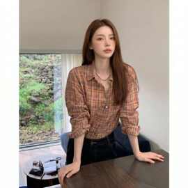 韩版复古单排扣彩色格纹翻领长袖衬衫夏季薄款宽松百搭情侣衬衣潮