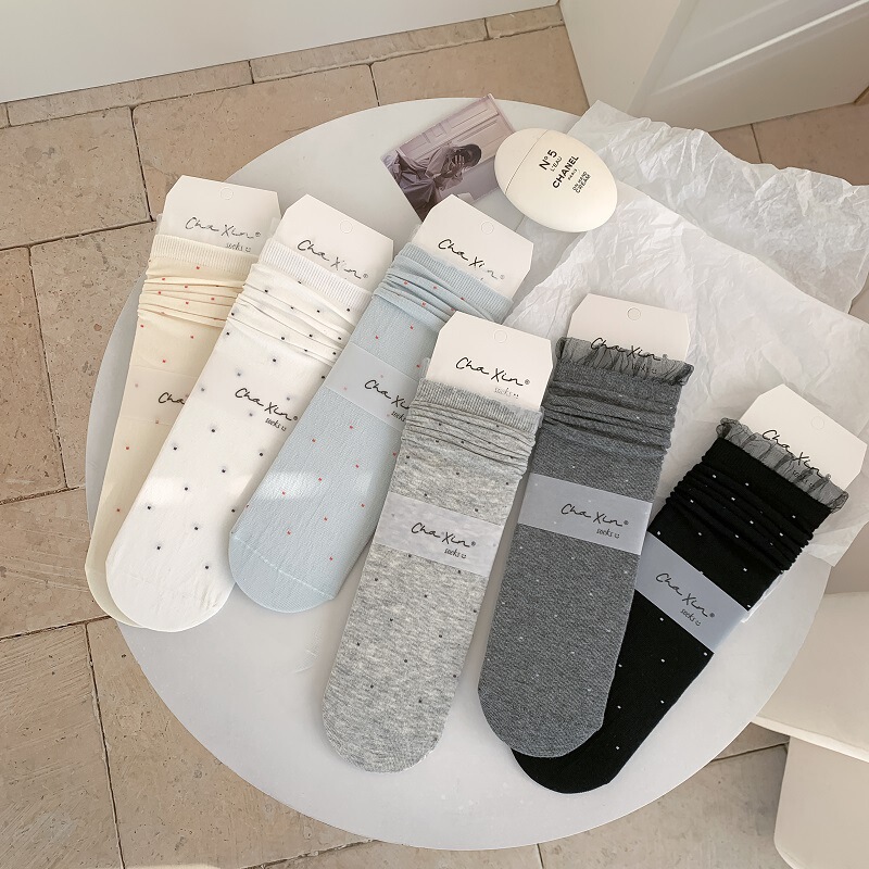 Socks women's mid-tube socks thin piled socks polo cute lace gray summer with small leather shoes boneless socks