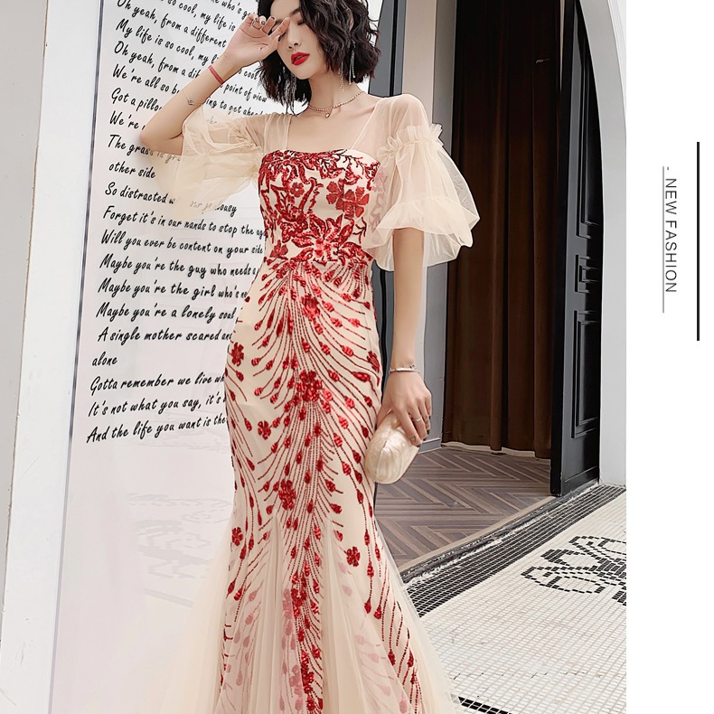 魚尾晚禮服裙女氣場女王宴會高貴氣質長款名媛仙氣夢幻森系主持人