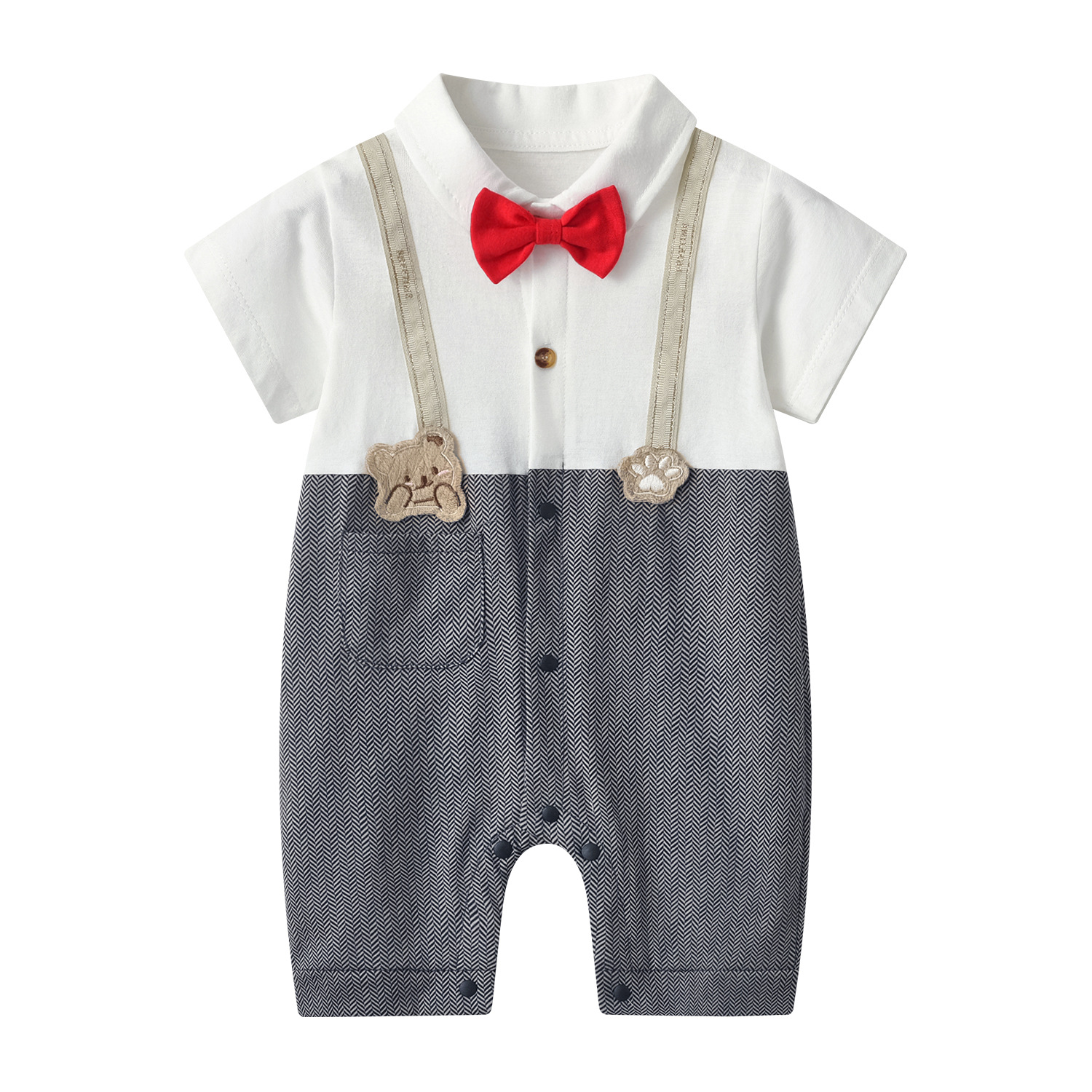 婴儿连体衣夏装新款男宝宝短袖小熊背带假两件绅士哈衣百天周岁服