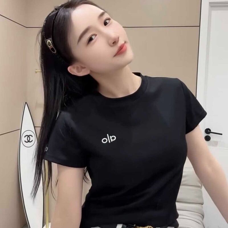 Alo Pure Cotton Summer New Letter Pattern Embroidered Short-Sleeved T-Shirt Women's Fashionable and Versatile Pullover Top