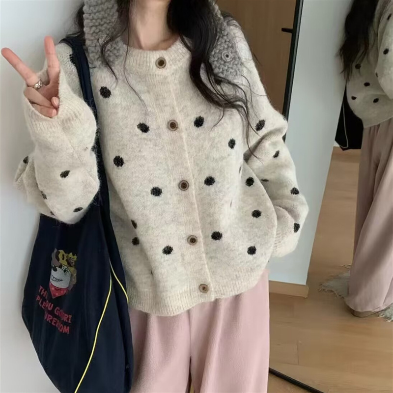 韩版圆领波点针织开衫女2025秋冬新款宽松慵懒风百搭软糯毛衣外套|undefined