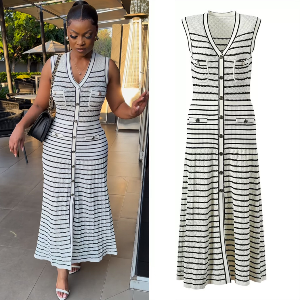 Women's Clothing Spring Summer Women's Sleeveless Long Knit Dress French Style Openwork Color Block Striped V Neck Elegant Bestseller_ecoleips.com