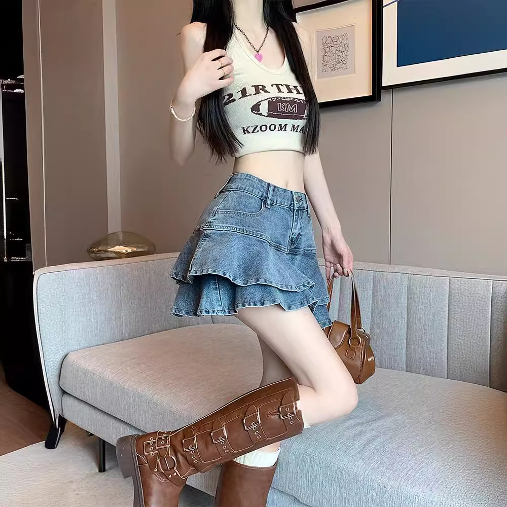 Ruffled Denim Short Skirt Women's Summer High Waist Cake Skirt Slimming Hip A- Shaped Spice Girl's Short Fishtail Skirt