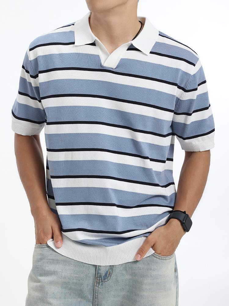 Europa y Estados Unidos transfronterizos hielo de punto polo camiseta de hombre de alto nivel de negocios ocio rayas de verano de manga corta camiseta
