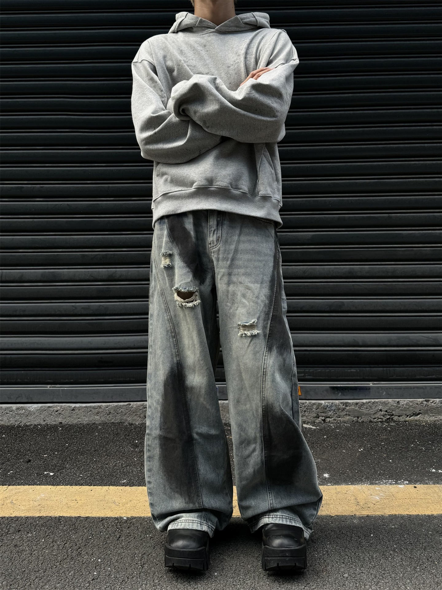 High Street Summer Retro Autumn Vibe Ink Splash Hole Jeans Loose Deconstructed Straight Wide Leg Long Pants_viptrois.com