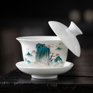 Tea Set with a Single White Porcelain Tea Bowl with a Lid That Can Be Rotated for Brewing Tea Without Being Hot, Three-Piece Set