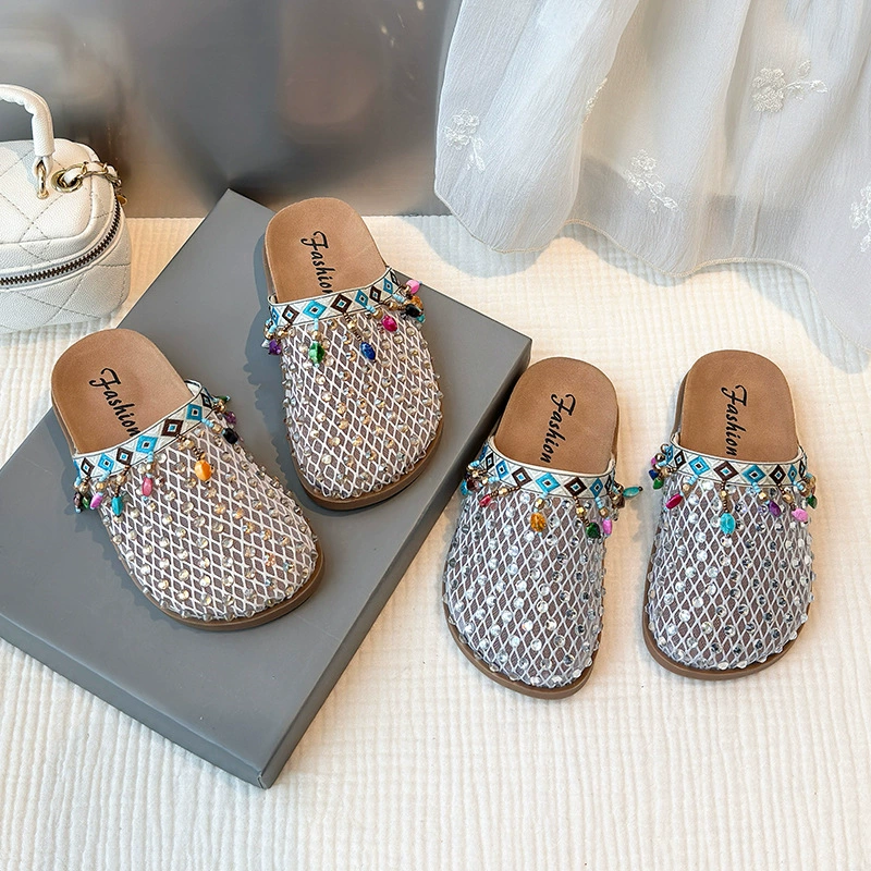 Детская мода, богемный курортный стиль, верхняя одежда, балетки с сеткой, лето 2025, новые мягкие туфли-принцессы