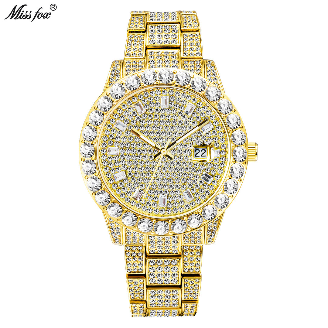 Orologio da polso da uomo al quarzo con quadrante grande, placcato oro con diamanti, orologio in metallo di alta gamma alla moda, stili popolari_voghion.com