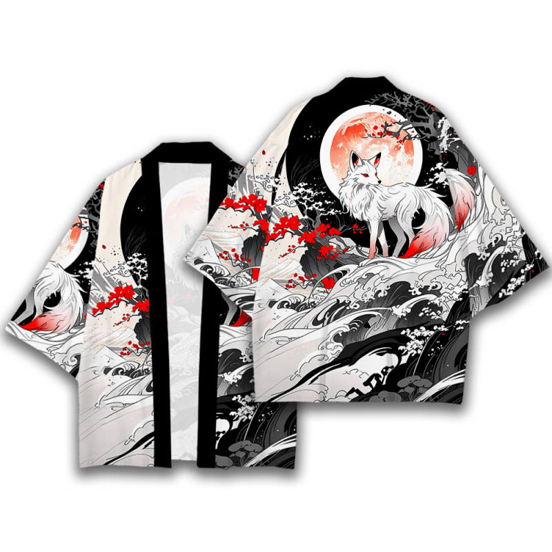 Japanese Traditional Style Full-Print Kimono Anime-Themed Daily Open-Front Kimono Yukata Nine-Tailed Fox Ukiyo-E Clothing Japanese Traditional Style Full-Print Kimono Anime-Themed Daily Open-Front Kimono Yukata Nine-Tailed Fox Ukiyo-E Clothing