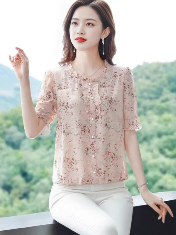 夏の新しい五分袖シフォンシャツ、レディースシャツ、おしゃれな花柄お腹カバートップ、薄底シャツ、婦人服|undefined