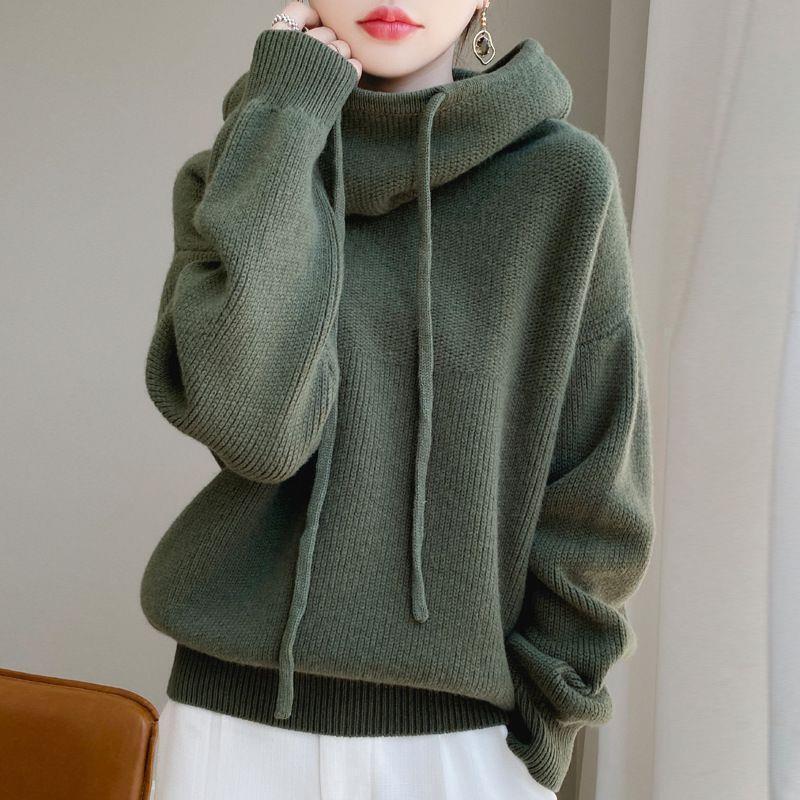 Pile Collar Lazy Style Sweater for Women 2026 Season New Solid Color Loose Thick Knit Top in Silver Gray and Green Pile Collar Lazy Style Sweater for Women 2026 Season New Solid Color Loose Thick Knit Top in Silver Gray and Green