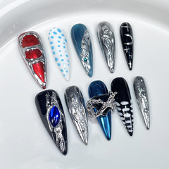 歐美長尖手工穿戴甲甜酷辣妹重工金屬浮雕長款美甲貼片假指甲批發
