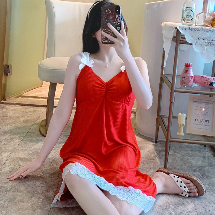 2023 pijamas de verano encaje hilo Honda pecho pad camisón de las mujeres de longitud media color sólido cuello en V dulce hogar comercio exterior