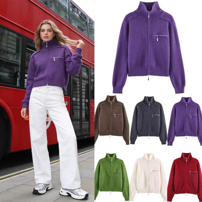 Z Brand Foreign Trade Cross-Border In-Stock European and American Style Women's Clothing 2026 Spring New Fashion Double-Zip High-Neck Knit Jacket Z Brand Foreign Trade Cross-Border In-Stock European and American Style Women's Clothing 2026 Spring New Fashion Double-Zip High-Neck Knit Jacket