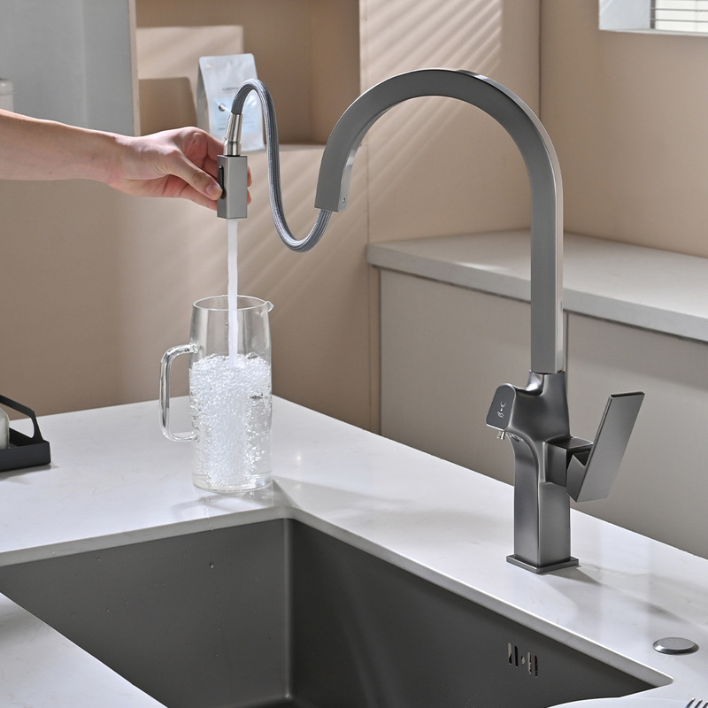 Square Digital Display Pull-Out Kitchen Faucet Hot and Cold Dual-Control Touch Screen Temperature Display Modern Simple Kitchen Faucet