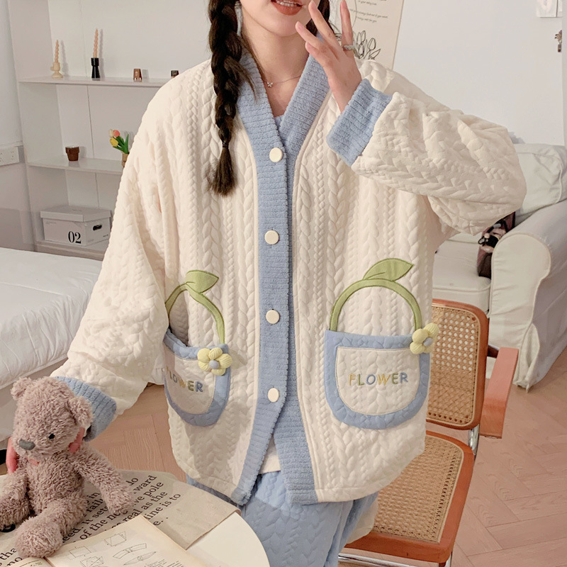 老舗ブランドの秋冬エアコットン中綿入り産後服3点セット、妊婦用授乳パジャマ、授乳服2点セット、トレンド|undefined