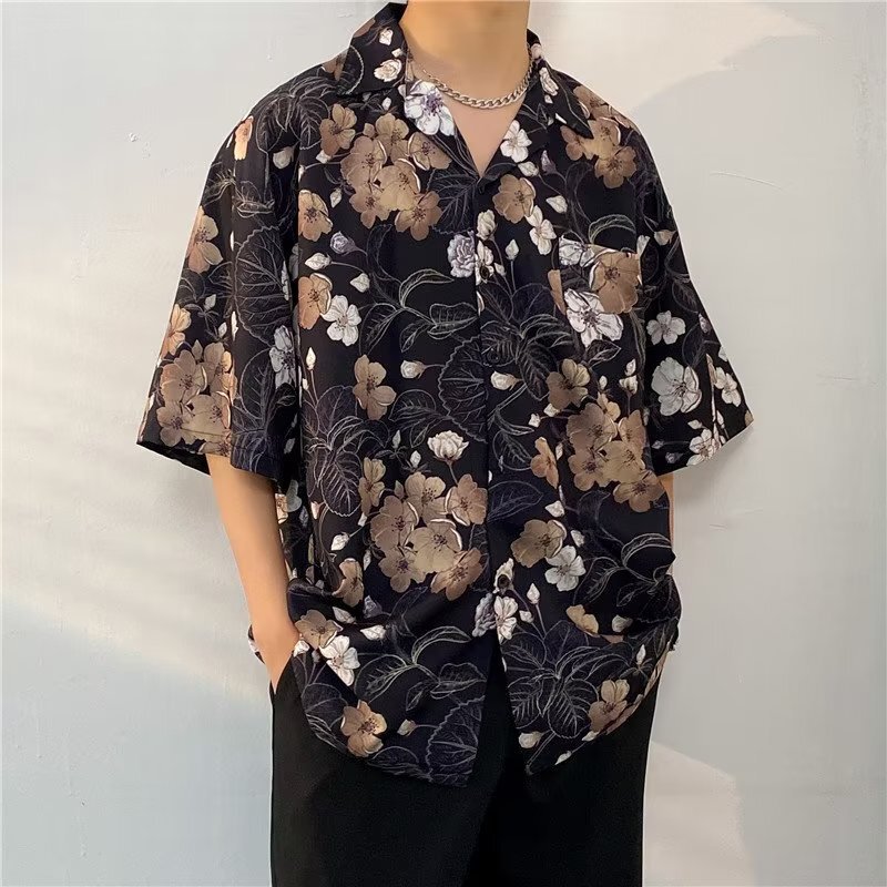 Retro American Vintage Japanese Style Style Cuban Collar Floral Shirt Men's Short-Sleeved Summer Hong Kong Style Handsome Loose Shirt Men Y
