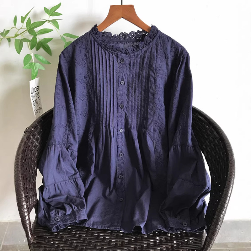 French-Style Solid Color Pure Cotton Ruffled Collar Shirt for Women, New Cotton Lace Trim Stand Collar Accordion Pleated Artistic Blouse French-Style Solid Color Pure Cotton Ruffled Collar Shirt for Women, New Cotton Lace Trim Stand Collar Accordion Pleated Artistic Blouse