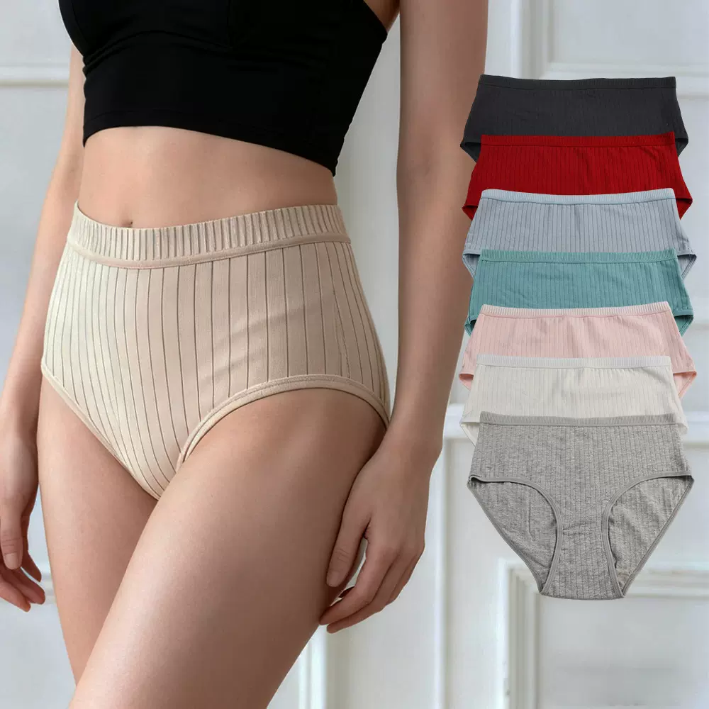跨境高腰女士内裤 螺纹橡筋大码妈咪内裤女纯色抽针棉布少女内裤