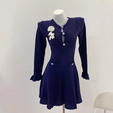 高货SP2025早秋新款藏蓝色可拆卸胸花镂空荷叶边钩花长袖连衣裙女