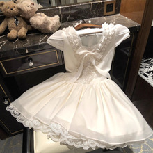 女童花边法式甜美蕾丝拼接V领连衣裙中大童简约百搭公主风蓬蓬裙