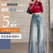 刺绣阔腿牛仔裤女春秋2025年撞色高腰宽松设计感拼接直筒拖地裤子