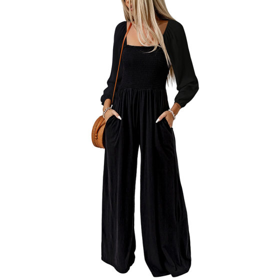 Autumn new solid color wide-leg trousers Women's European and American thin simple commuter style high waist jumpsuit women's one-piece delivery