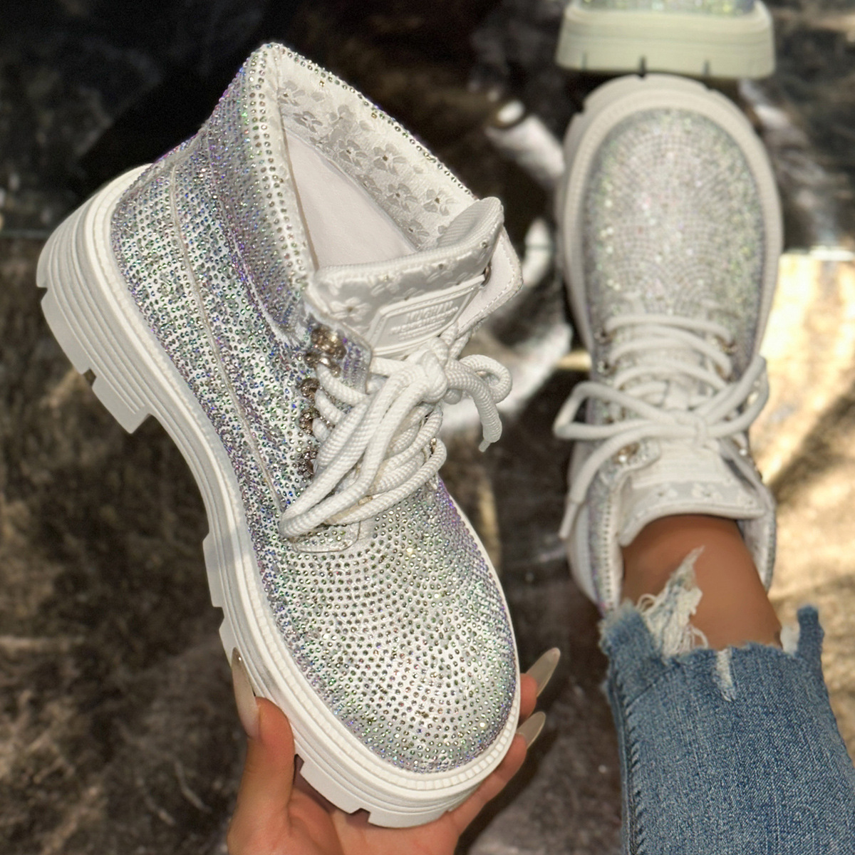 Gypsophila Rhinestone Lace-Up Women's Shoes Autumn and Winter New High-End Heavy-Duty Diamond-Encrusted Thick-Heeled Women's Boots Martin Boots Women's Wholesale