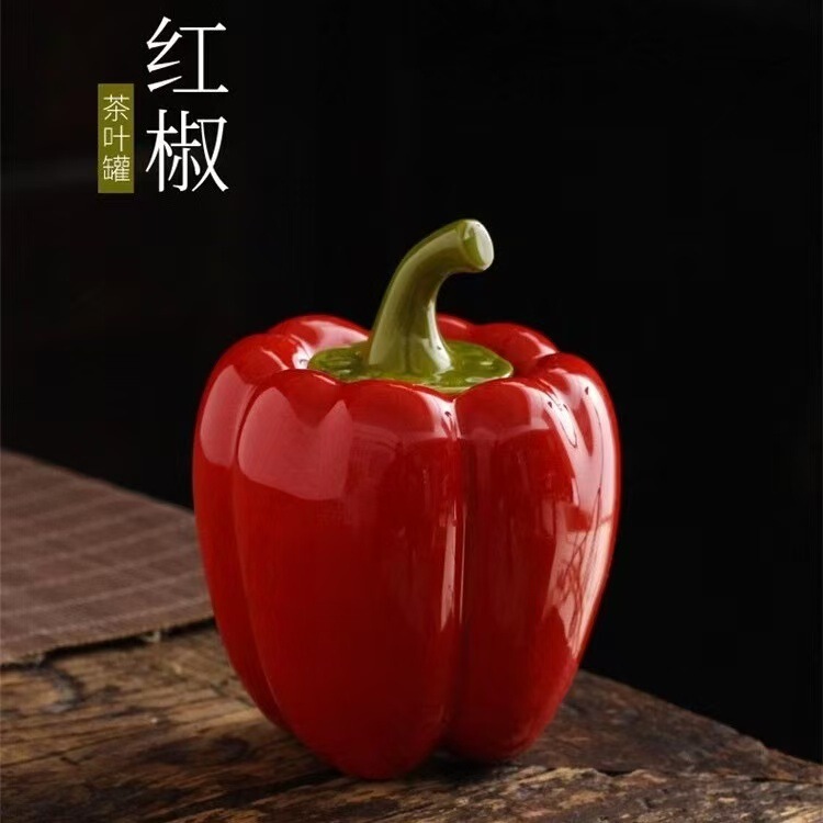 Green pepper tea canister decorative piece, sealed storage jar, ceramic simulated chili tea canister, creative snack jar, home tea storage container Green pepper tea canister decorative piece, sealed storage jar, ceramic simulated chili tea canister, creative snack jar, home tea storage container