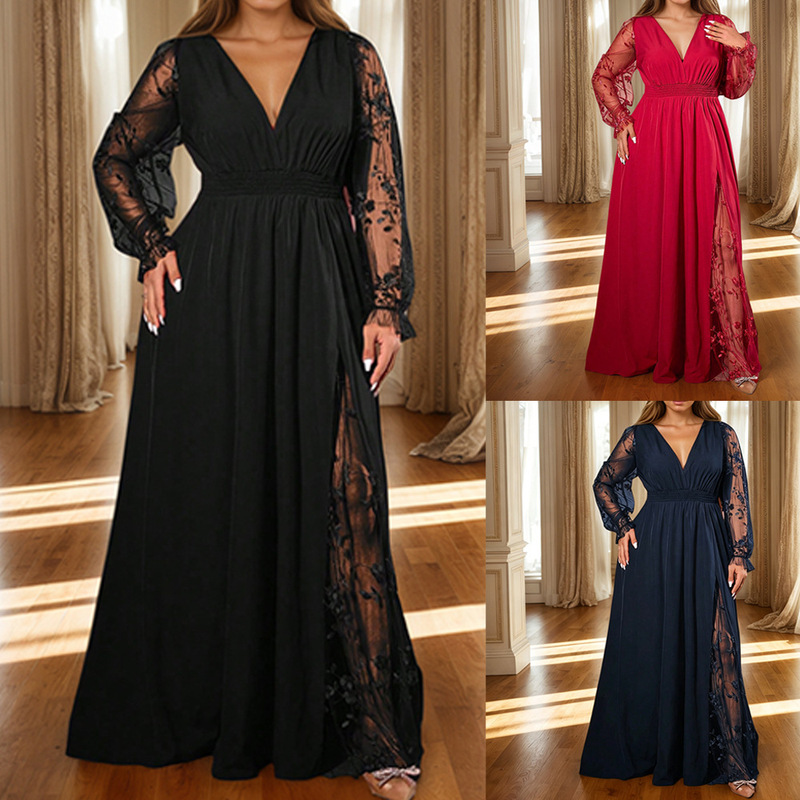 European and American Style Plus-Size Deep V-Neck Lace Patchwork Long-Sleeve Evening Dress for Women, Elastic Waist, High Slit, Long Gown for Banquets and Annual Meetings European and American Style Plus-Size Deep V-Neck Lace Patchwork Long-Sleeve Evening Dress for Women, Elastic Waist, High Slit, Long Gown for Banquets and Annual Meetings