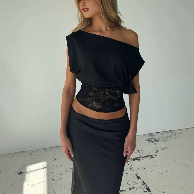 European and American New Ins Trendy Pure Color Slim Fit Versatile Sexy Waist-Cinching Lace Patchwork One-Shoulder Short-Sleeve Top European and American New Ins Trendy Pure Color Slim Fit Versatile Sexy Waist-Cinching Lace Patchwork One-Shoulder Short-Sleeve Top