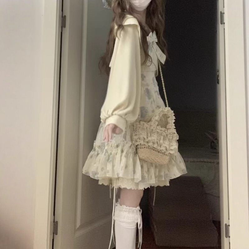 甜美少女蝴蝶结碎花连衣裙女夏季新款百搭重工裙摆斜肩卫衣两件套|undefined