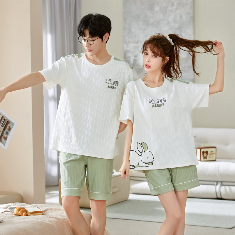 New Couple Short-Sleeved Shorts Pajamas Women's Summer Thin Combed Cotton Men's Homewear Suit Loose Casual Cartoon